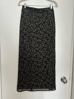 Urban Outfitters Black Mesh Maxi Skirt with Tiny Green Floral Print. V waistband